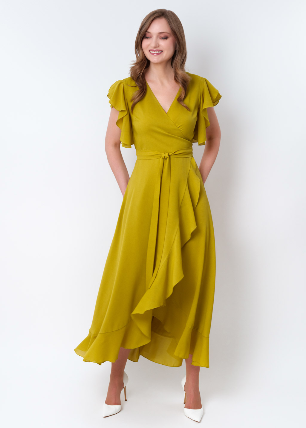 Yellow olive chiffon wrap dress