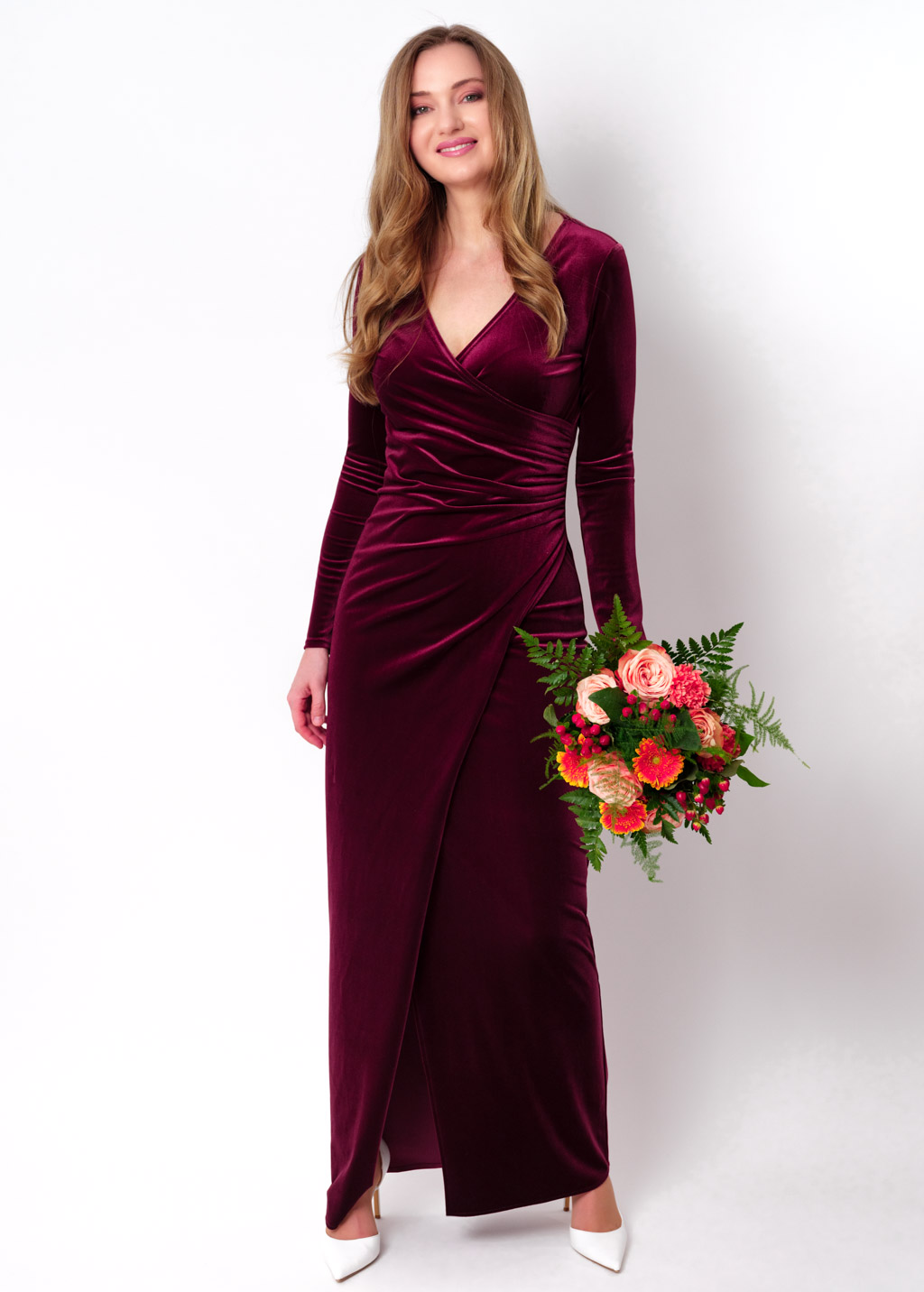 Plum burgundy long wrap bodycon velvet dress