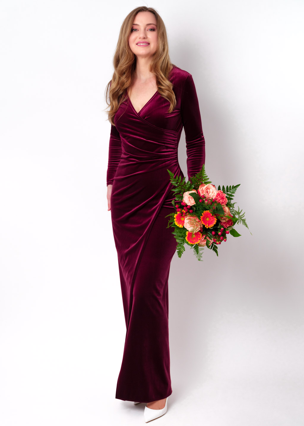 Plum burgundy long wrap bodycon velvet dress