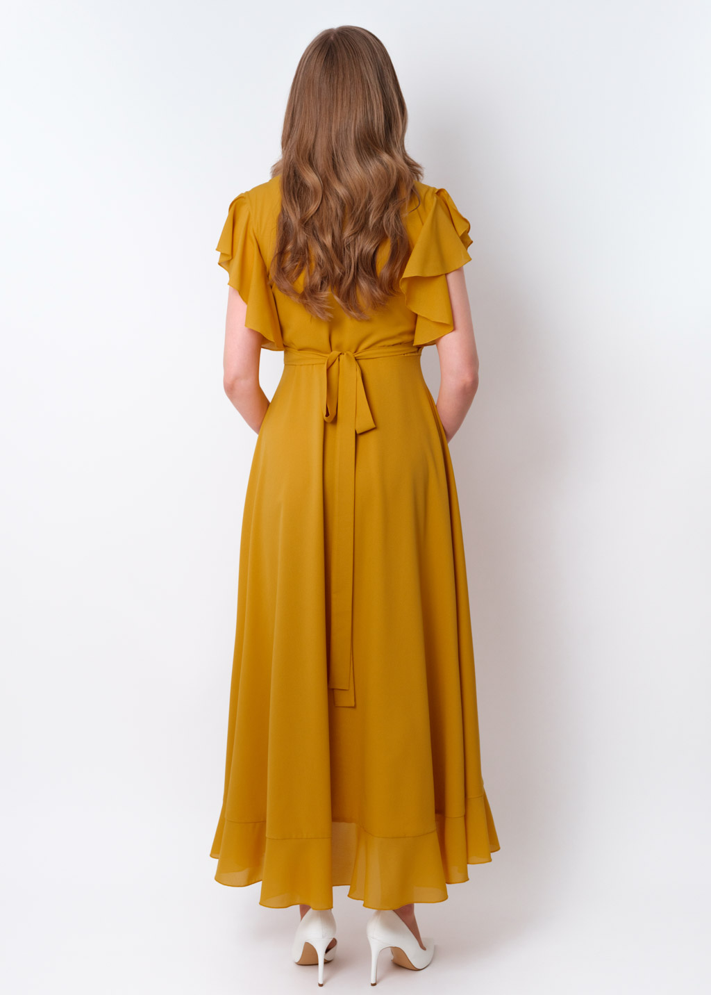 Gold chiffon wrap dress