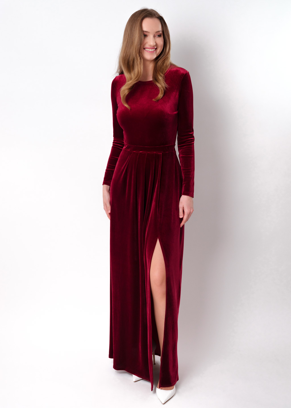 Burgundy velvet slit dress