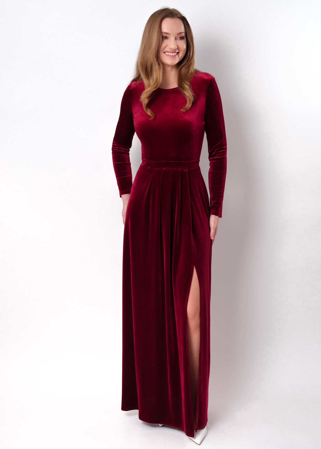 Burgundy velvet slit dress