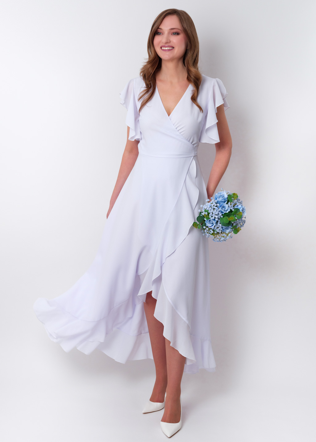 White chiffon wrap dress