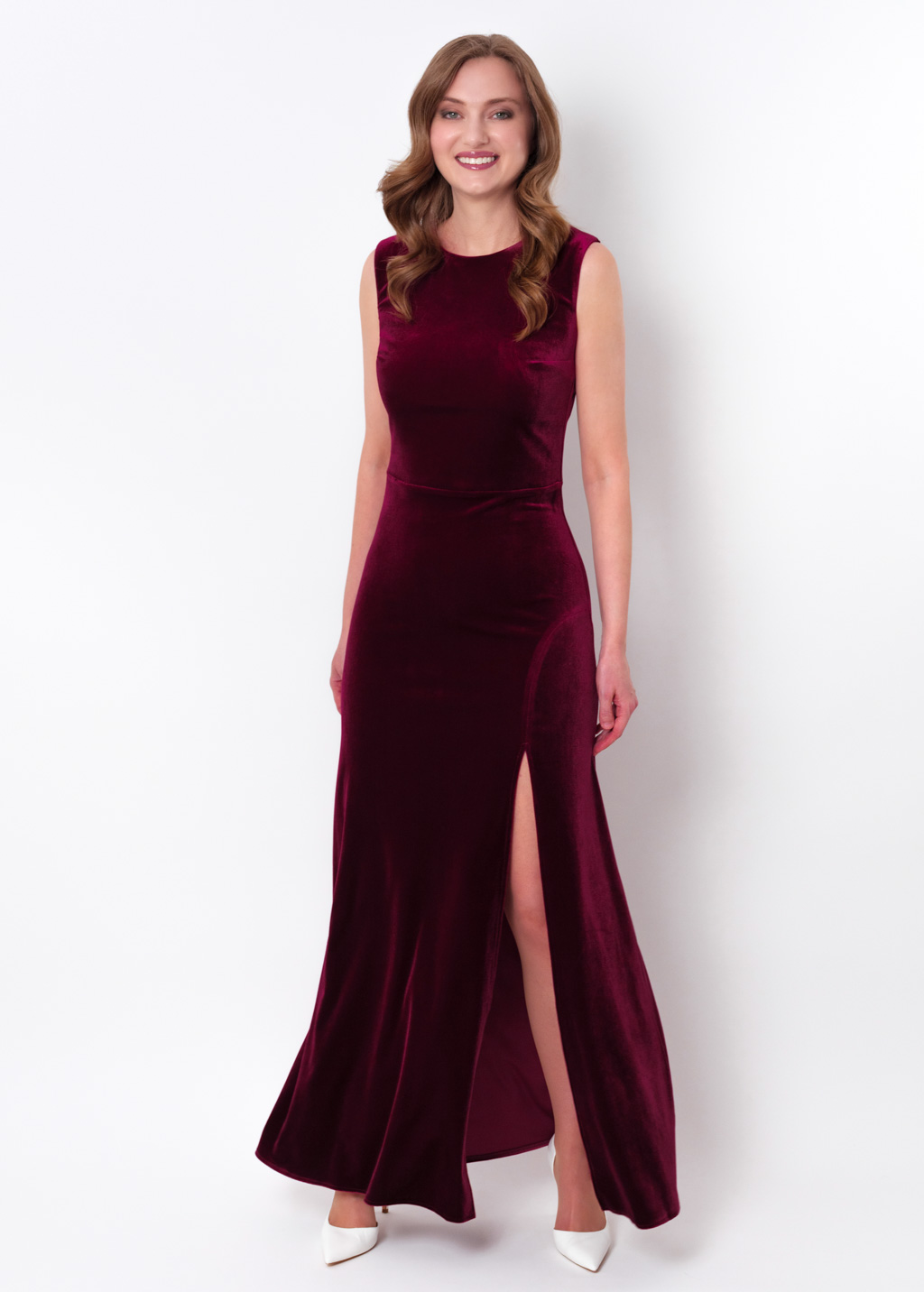 Plum burgundy velvet slit long pencil dress