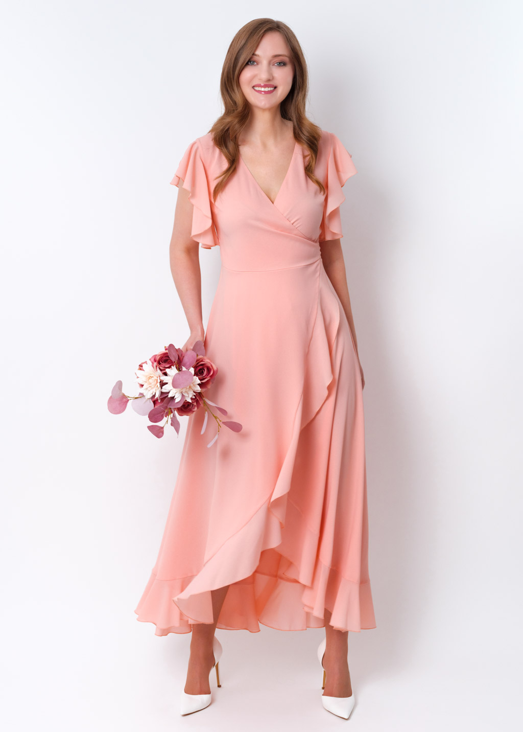 Blush pink chiffon wrap dress