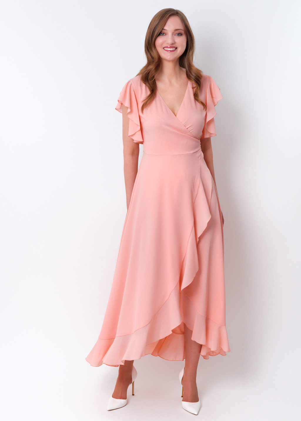 Blush pink chiffon wrap dress