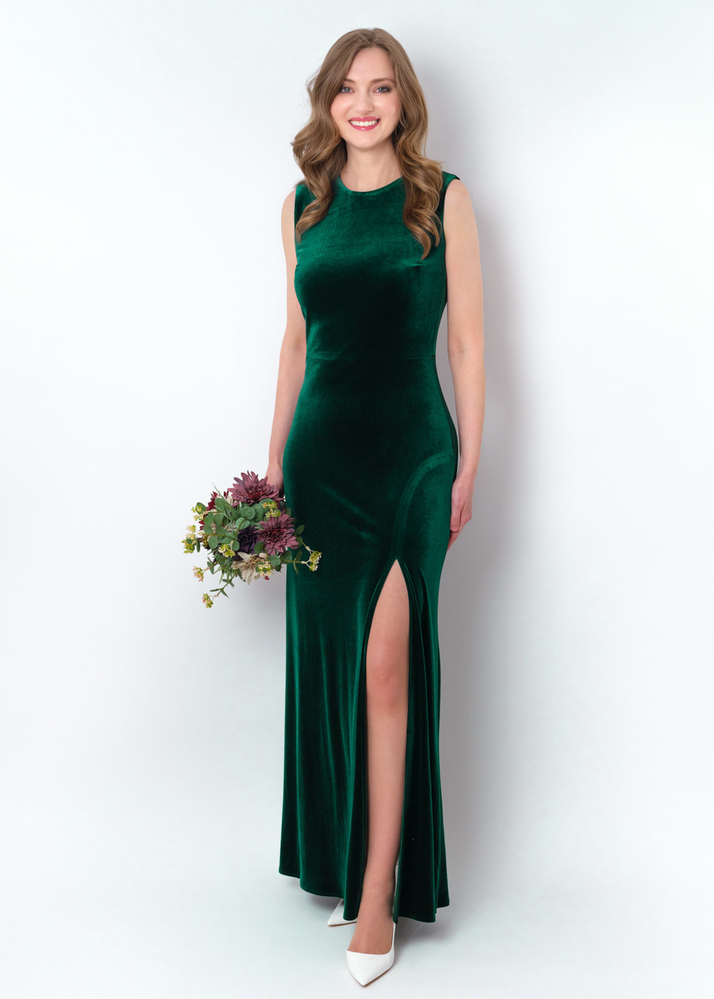 Emerald green velvet slit long pencil dress