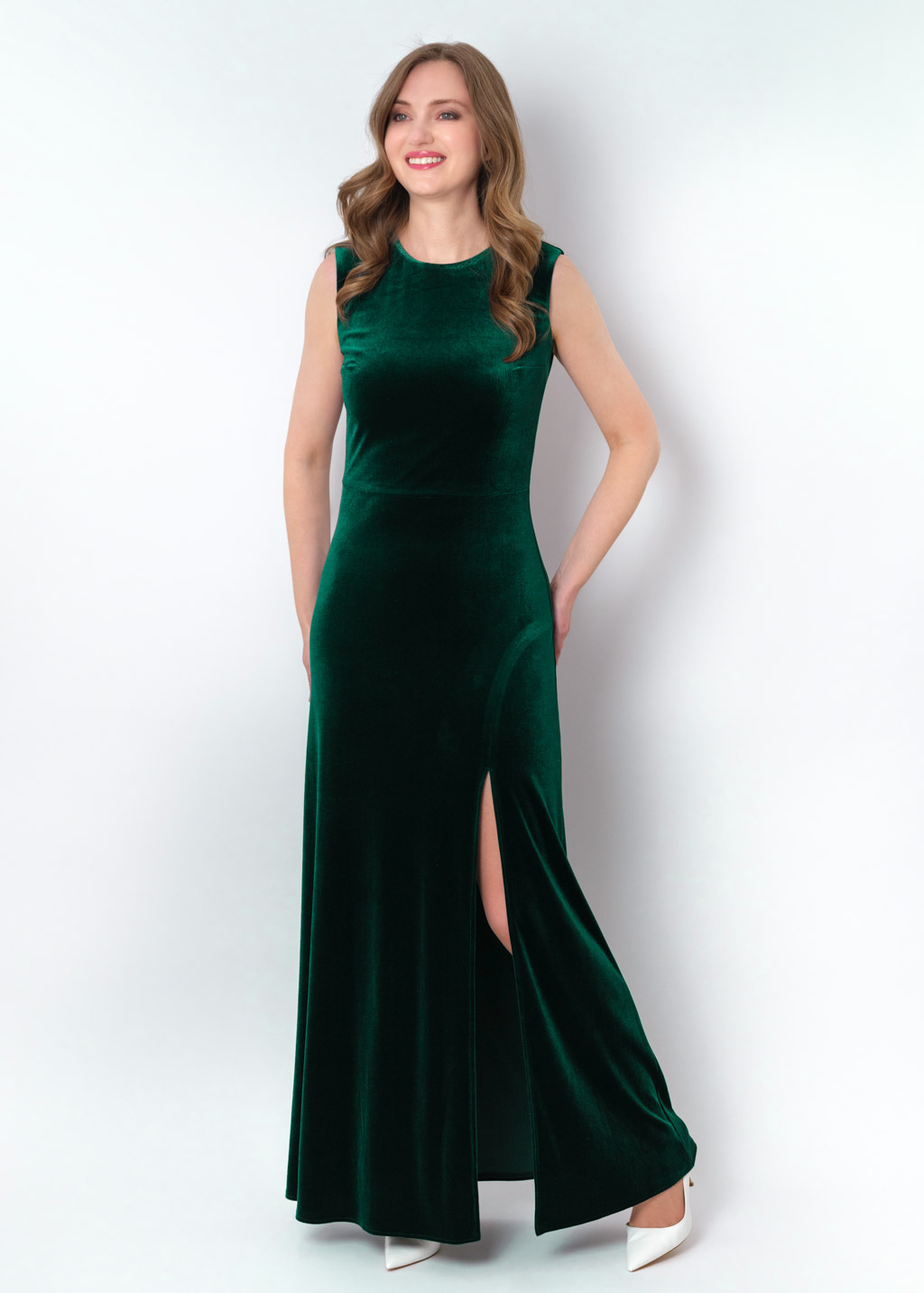 Emerald green velvet slit long pencil dress