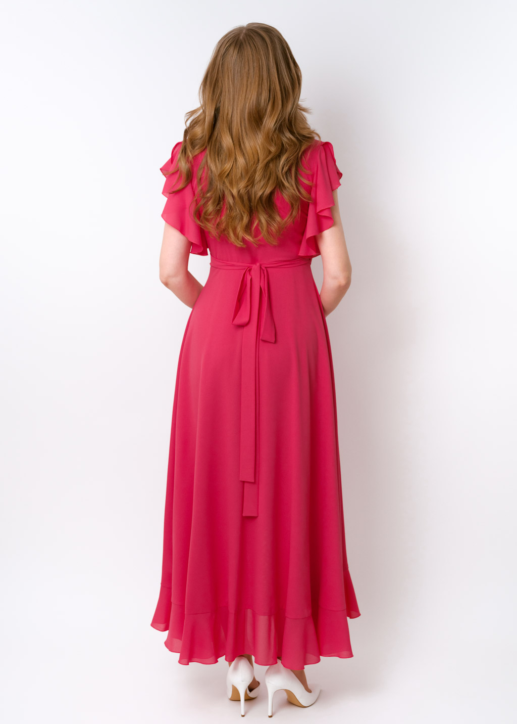 Coral pink chiffon wrap dress