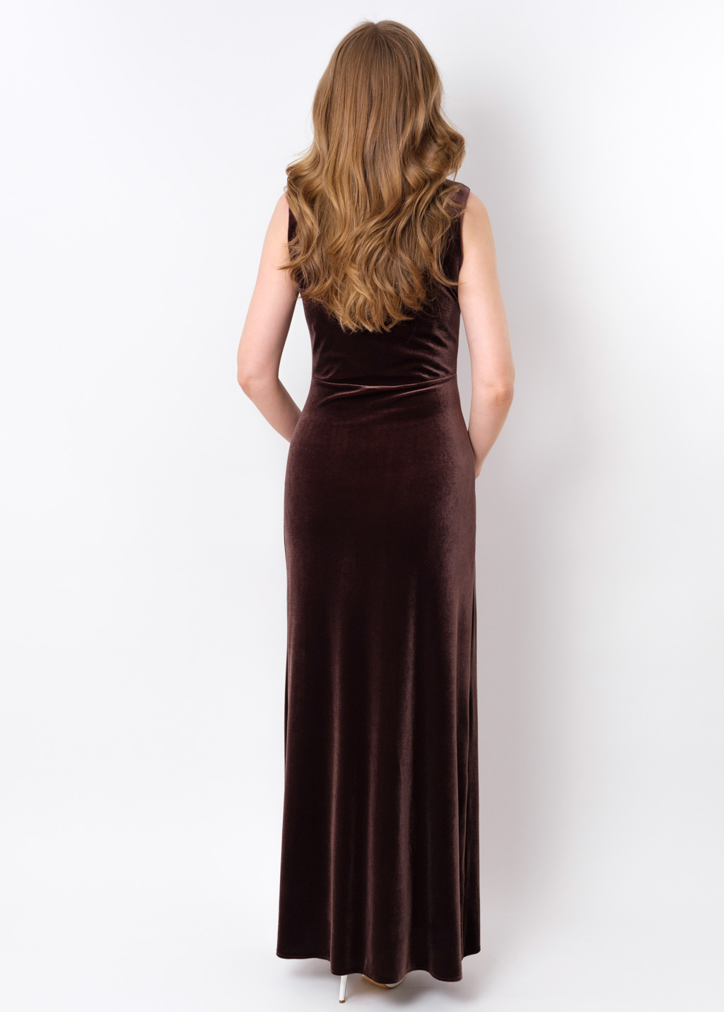 Chocolate brown velvet slit long pencil dress
