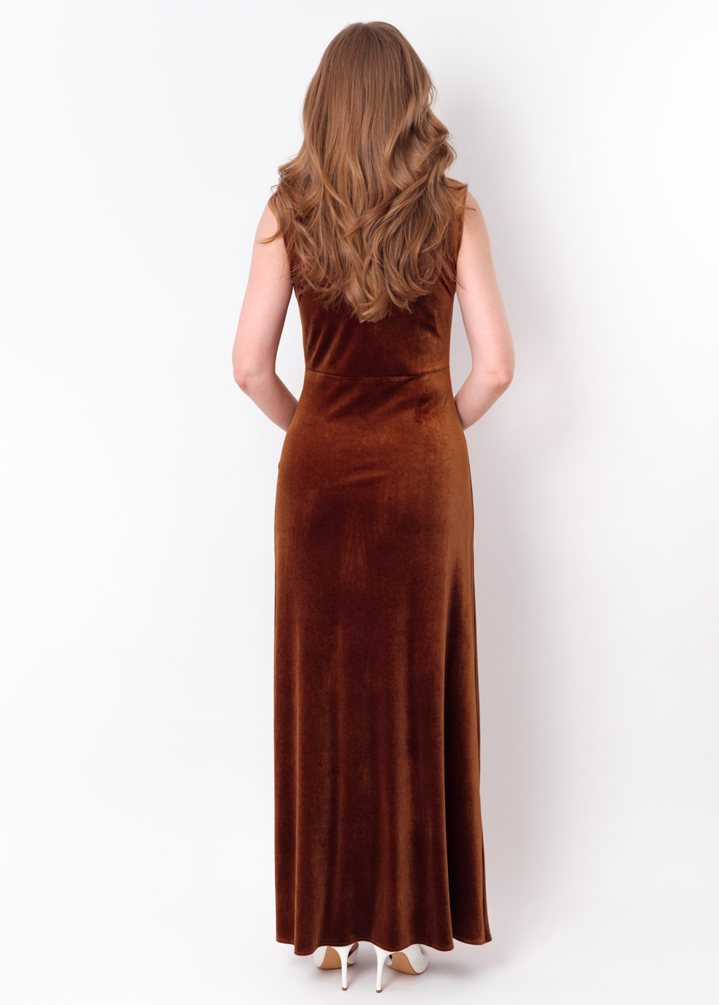 Rust gold velvet slit long pencil dress