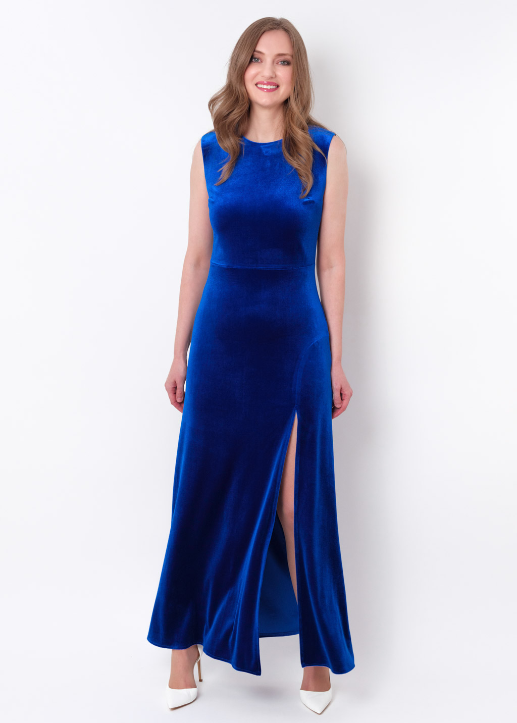 Royal blue velvet slit long pencil dress