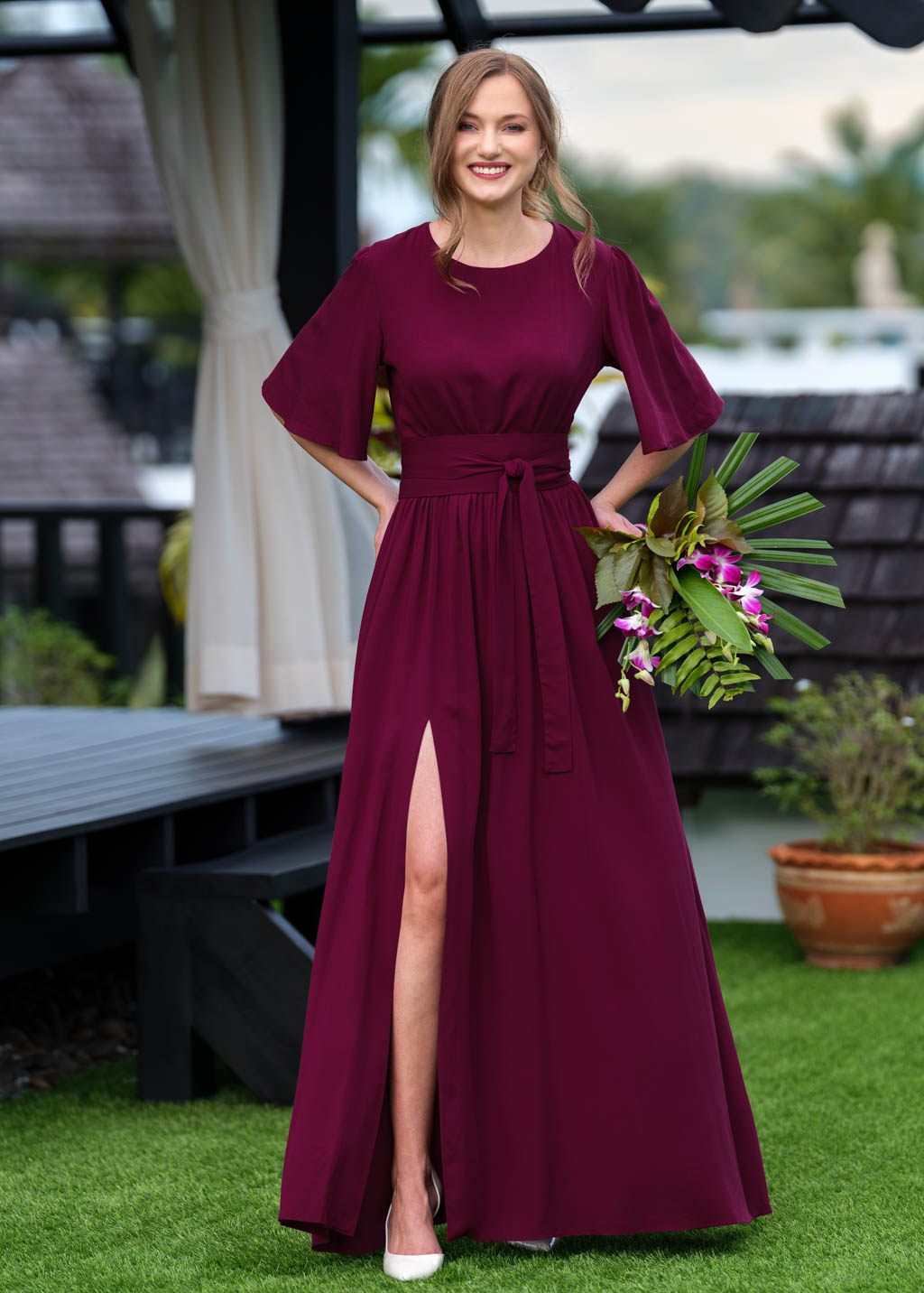 Burgundy long dress with belt
