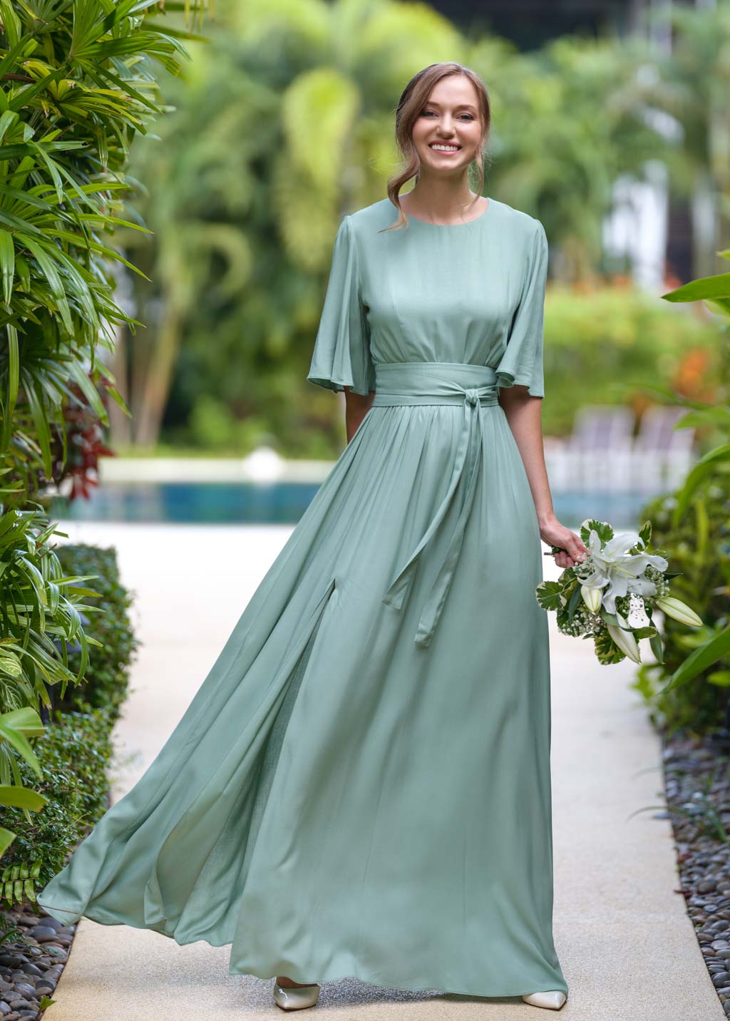 Sage green slit dress with belt