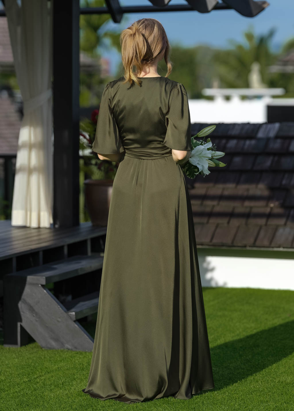 Dark olive wrap long dress
