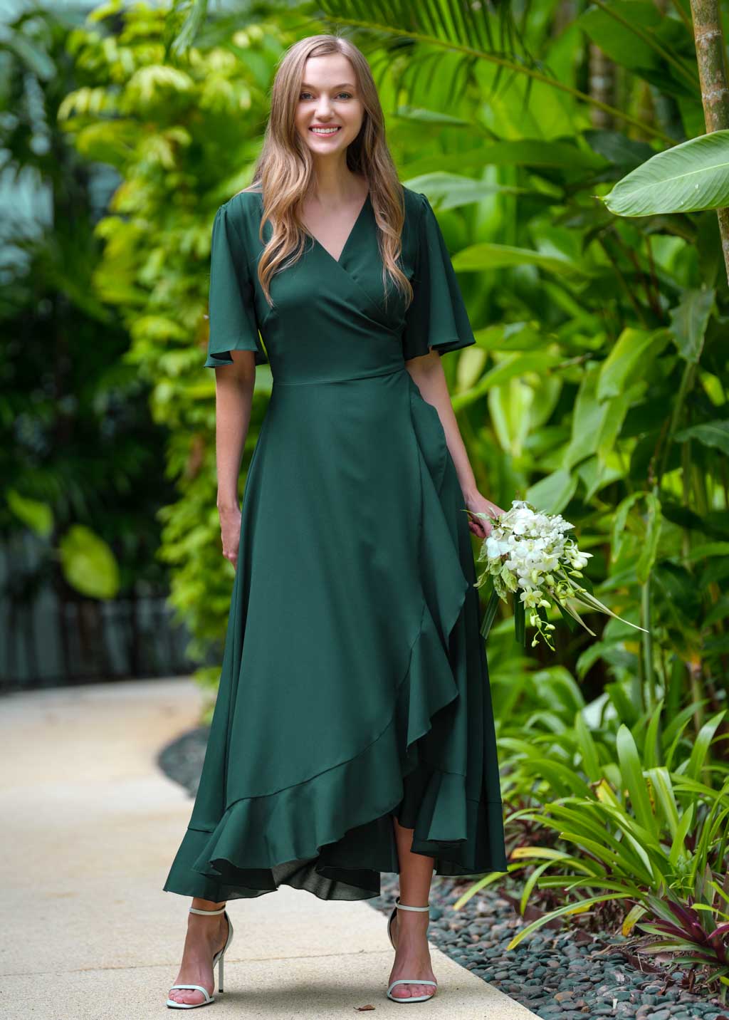 Dark green chiffon wrap dress