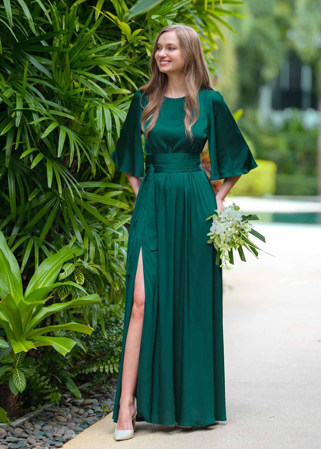 Dark green silk slit dress with belt