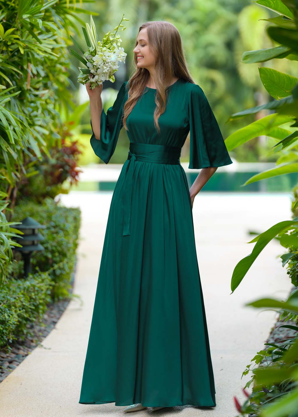 Dark green silk slit dress with belt