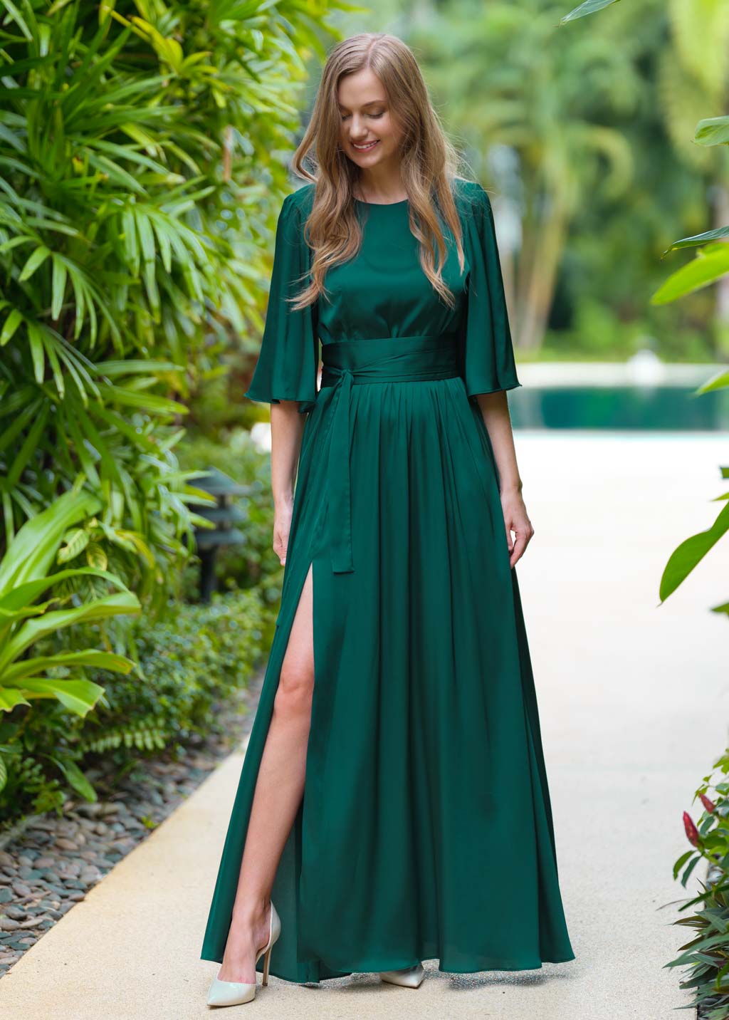 Dark green silk dress with belt
