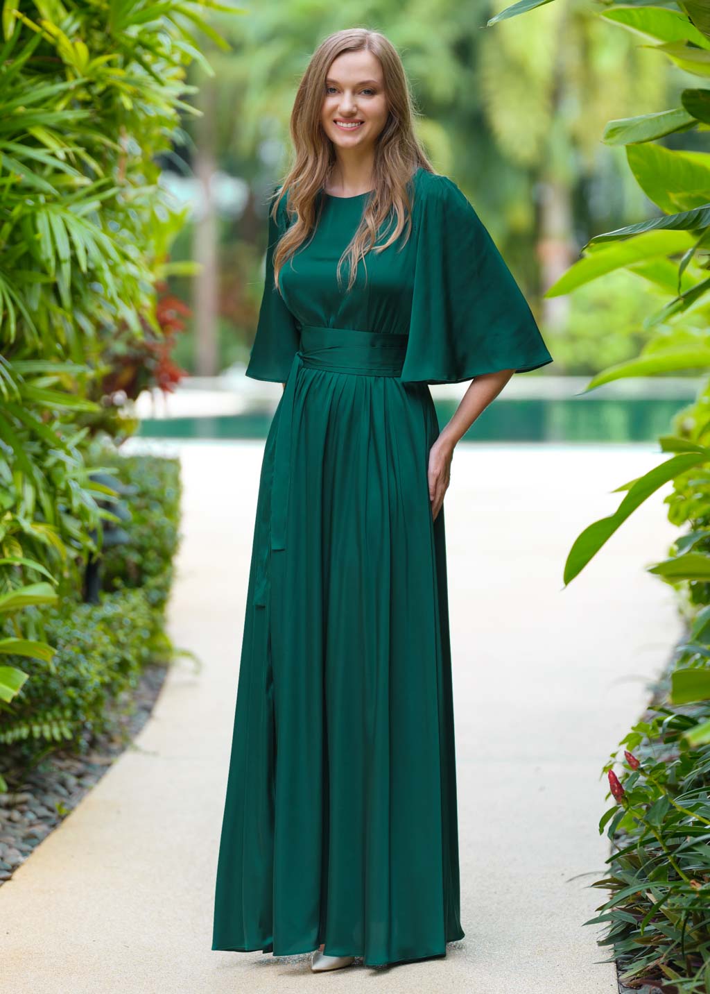 Dark green silk dress with belt