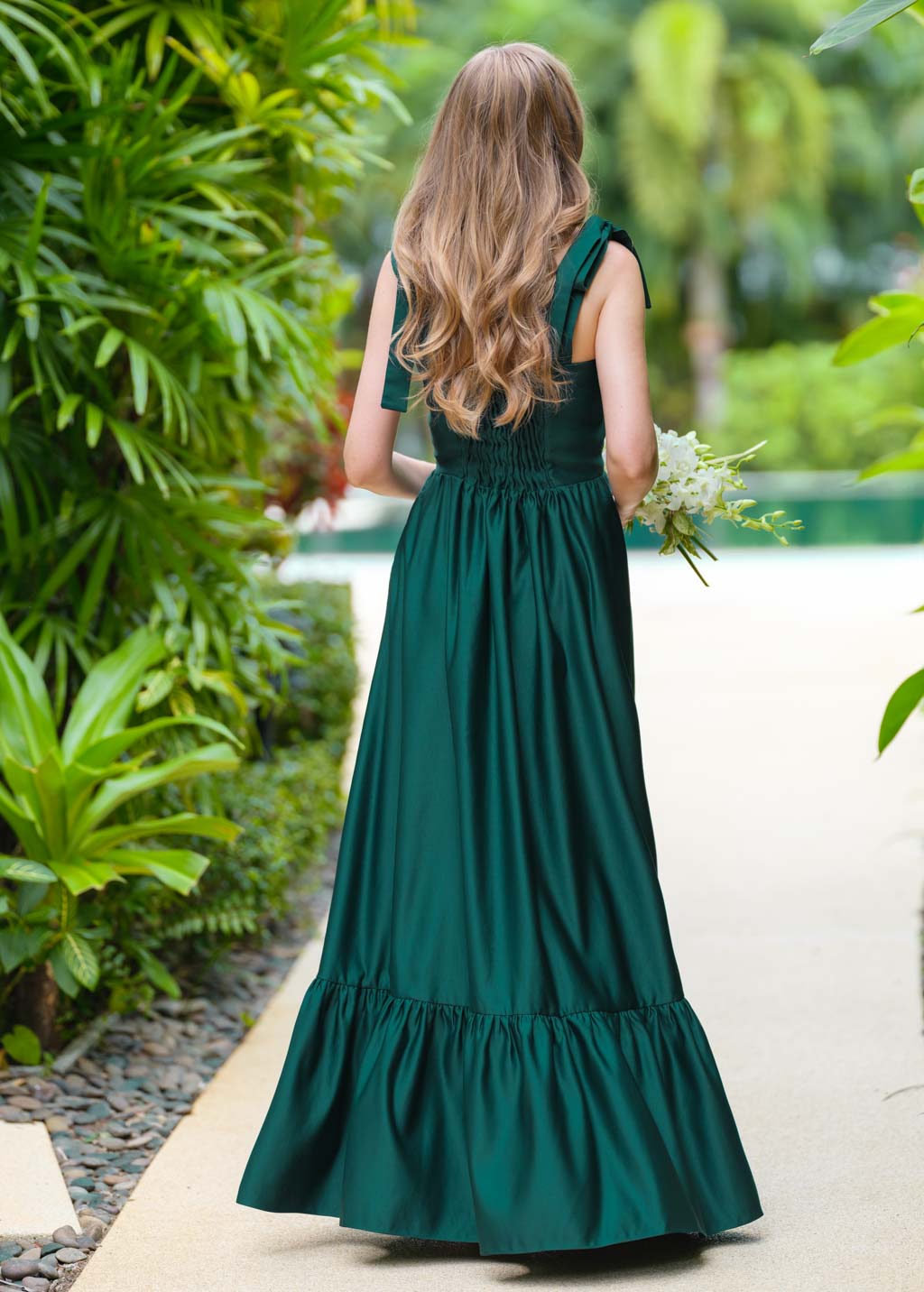 Dark green long satin dress 