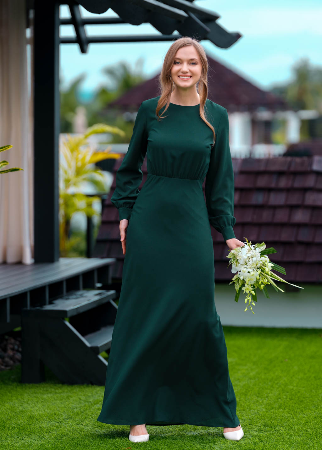 Dark green chiffon long dress