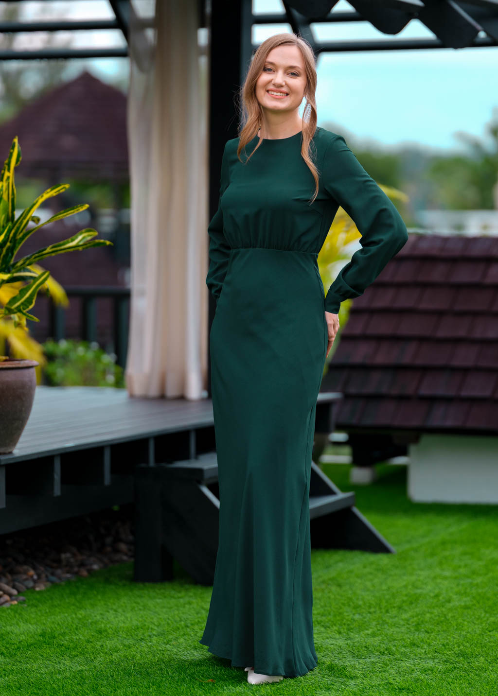 Dark green chiffon long dress