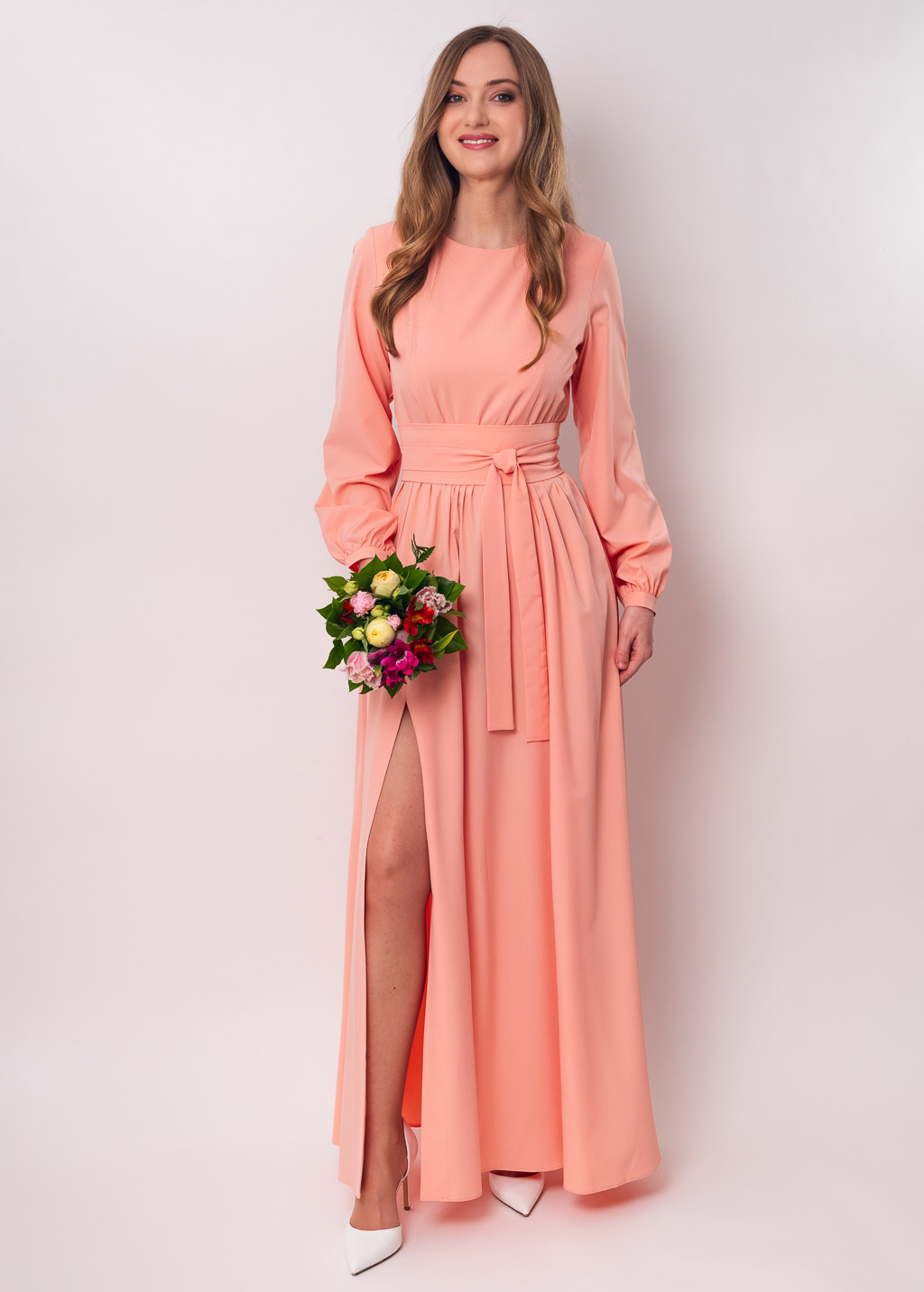 Blush pink long dress with belt