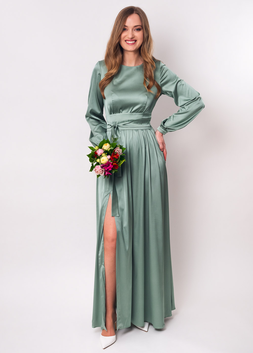 Sage green long silk dress with belt