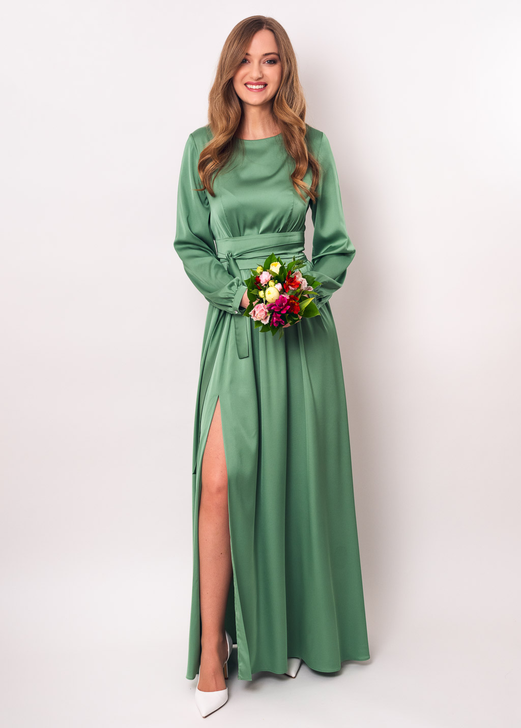 Olive green slit silk dress with belt