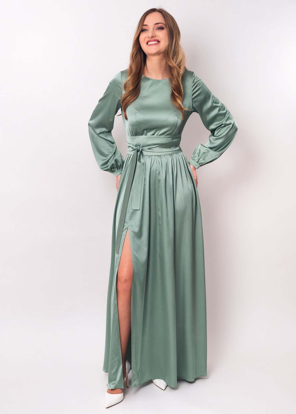 Sage green slit silk dress with belt