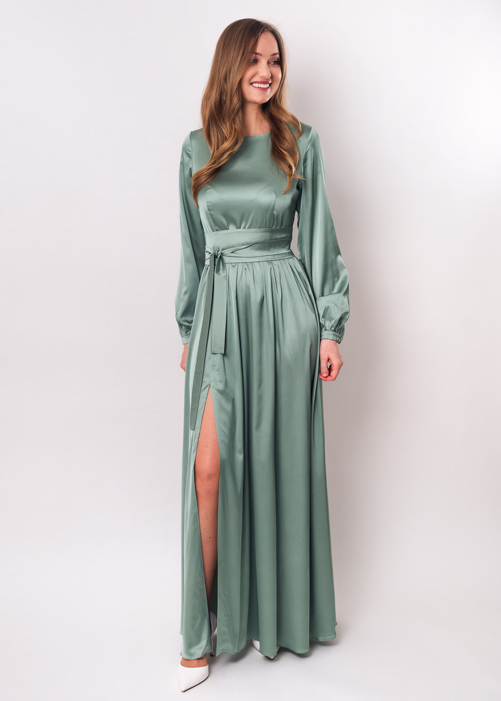 Sage green long silk dress with belt