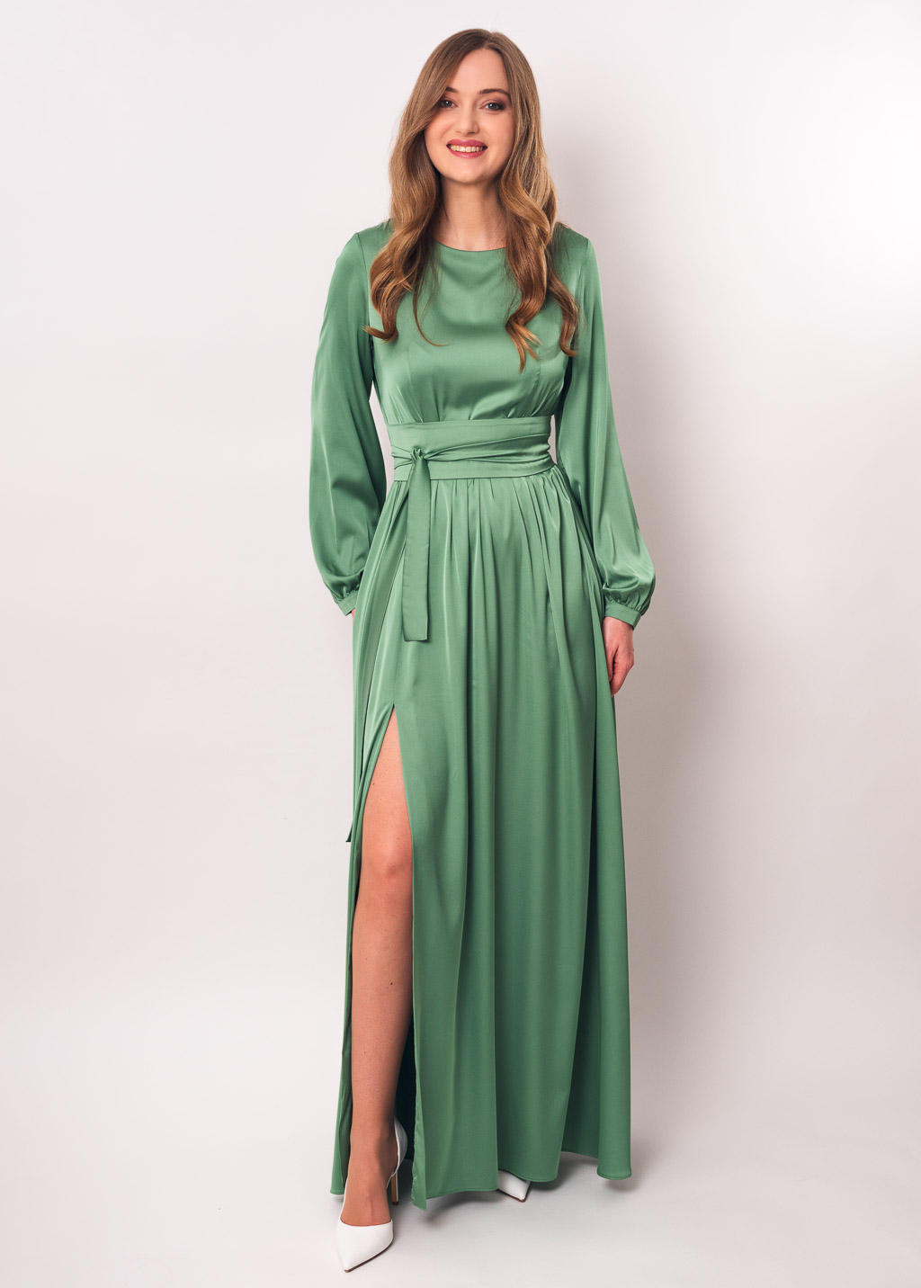 Olive green slit silk dress with belt