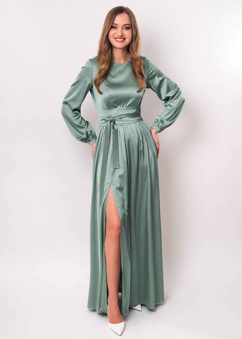 Sage green long silk dress with belt