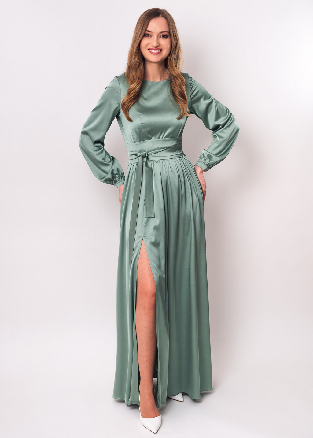 Sage green slit silk dress with belt