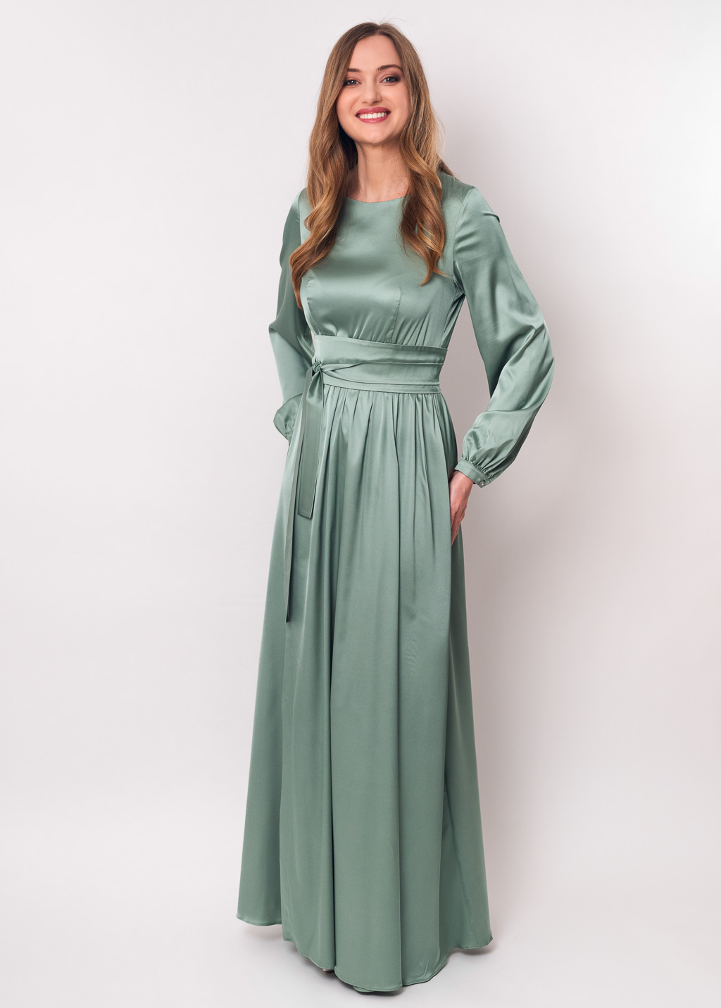 Sage green long silk dress with belt