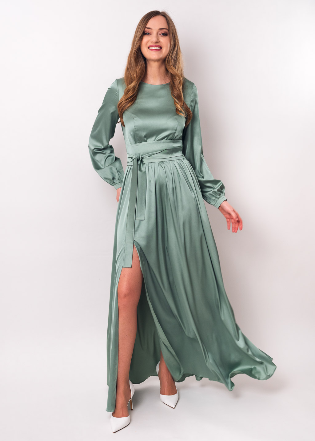 Sage green long silk dress with belt