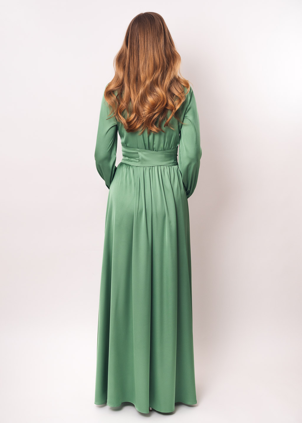 Olive green slit silk dress with belt