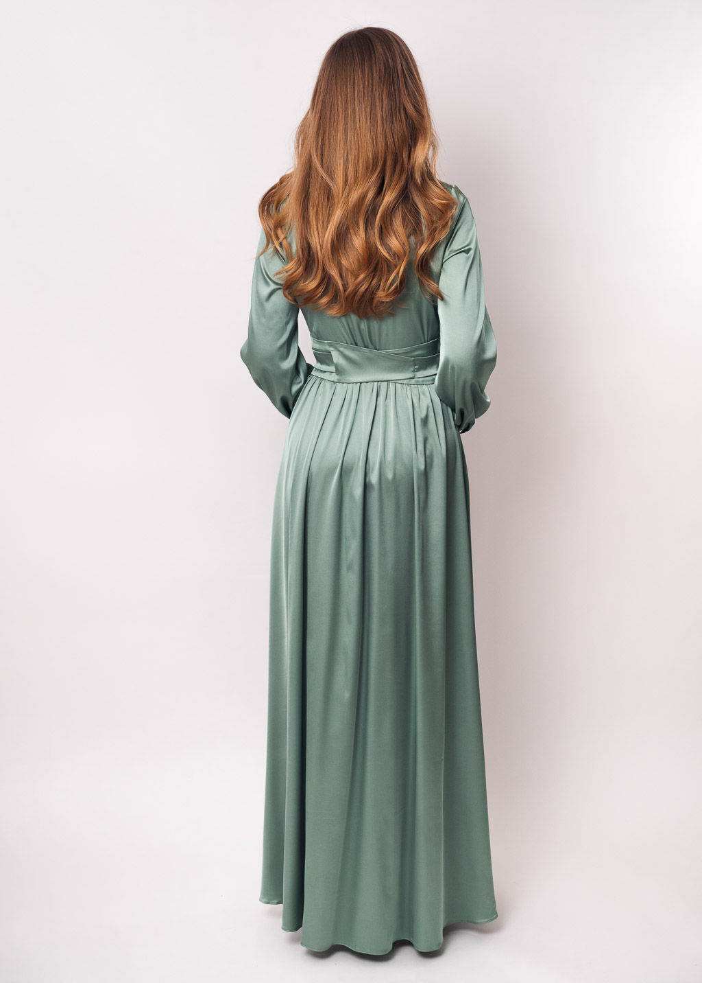 Sage green long silk dress with belt