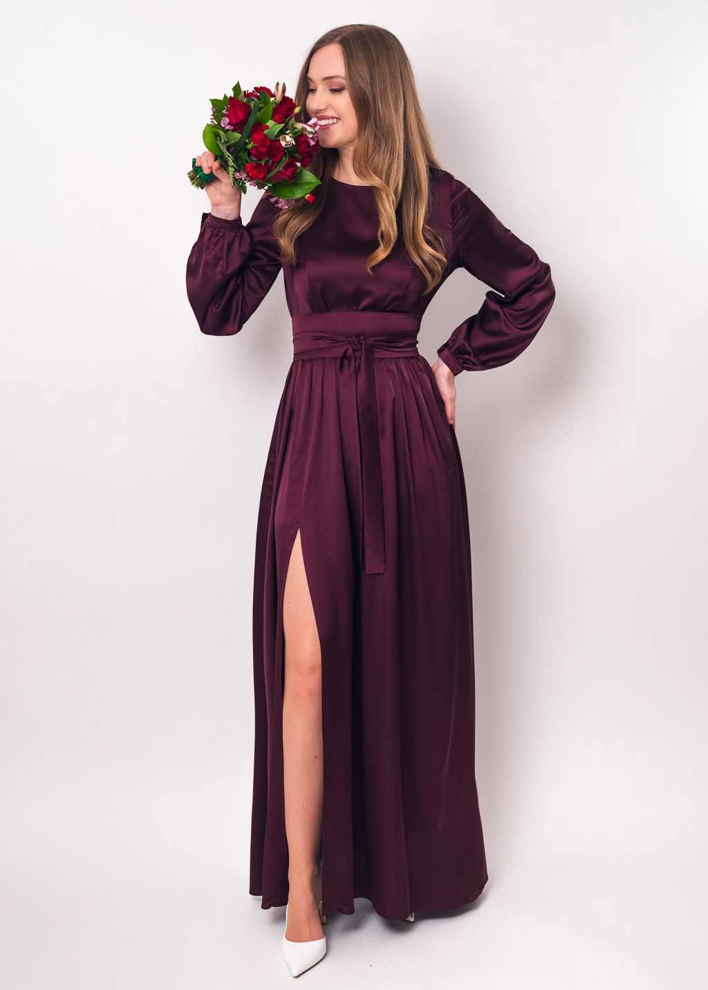 Dark burgundy long silk dress with belt