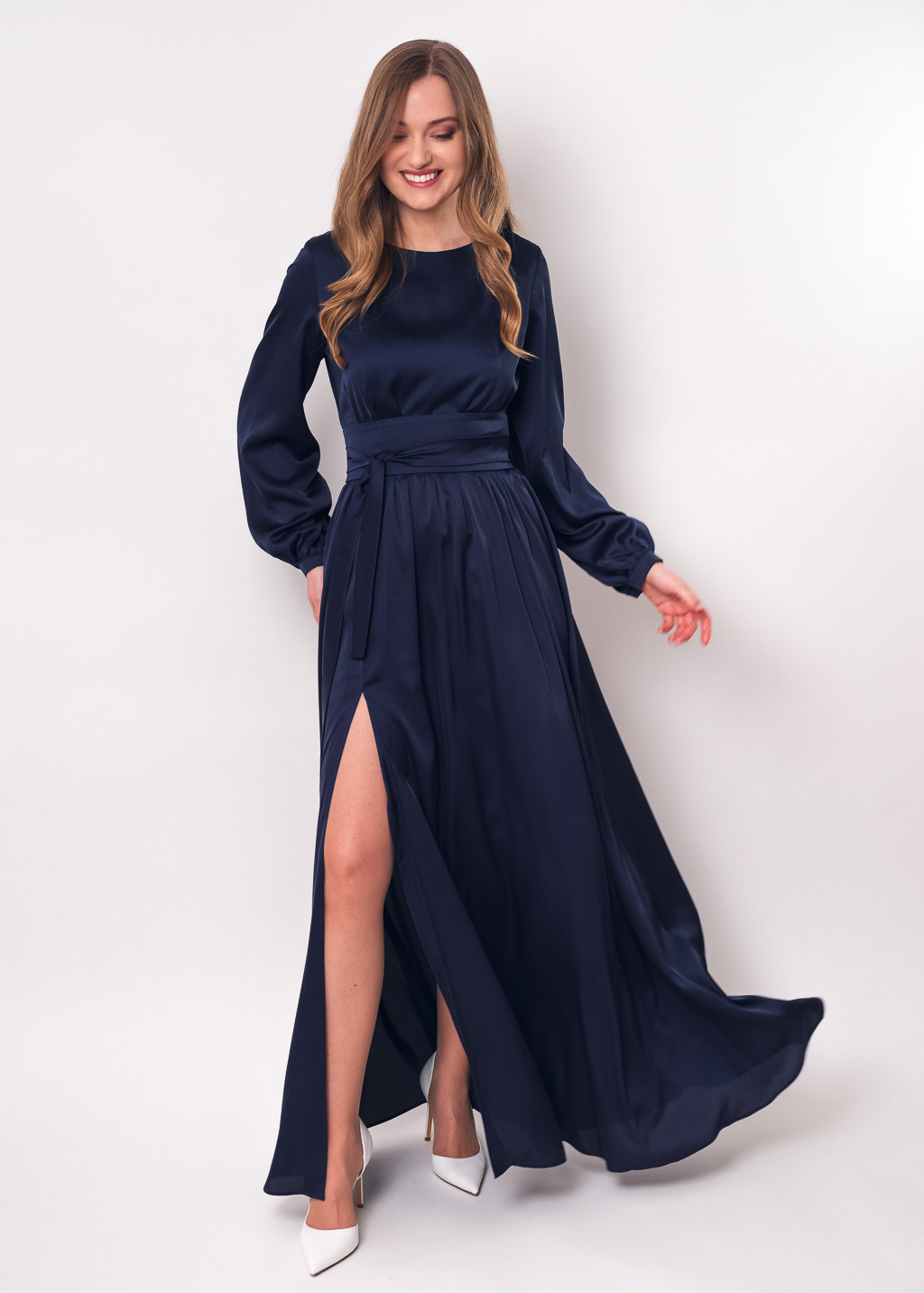 Navy blue slit silk dress with belt