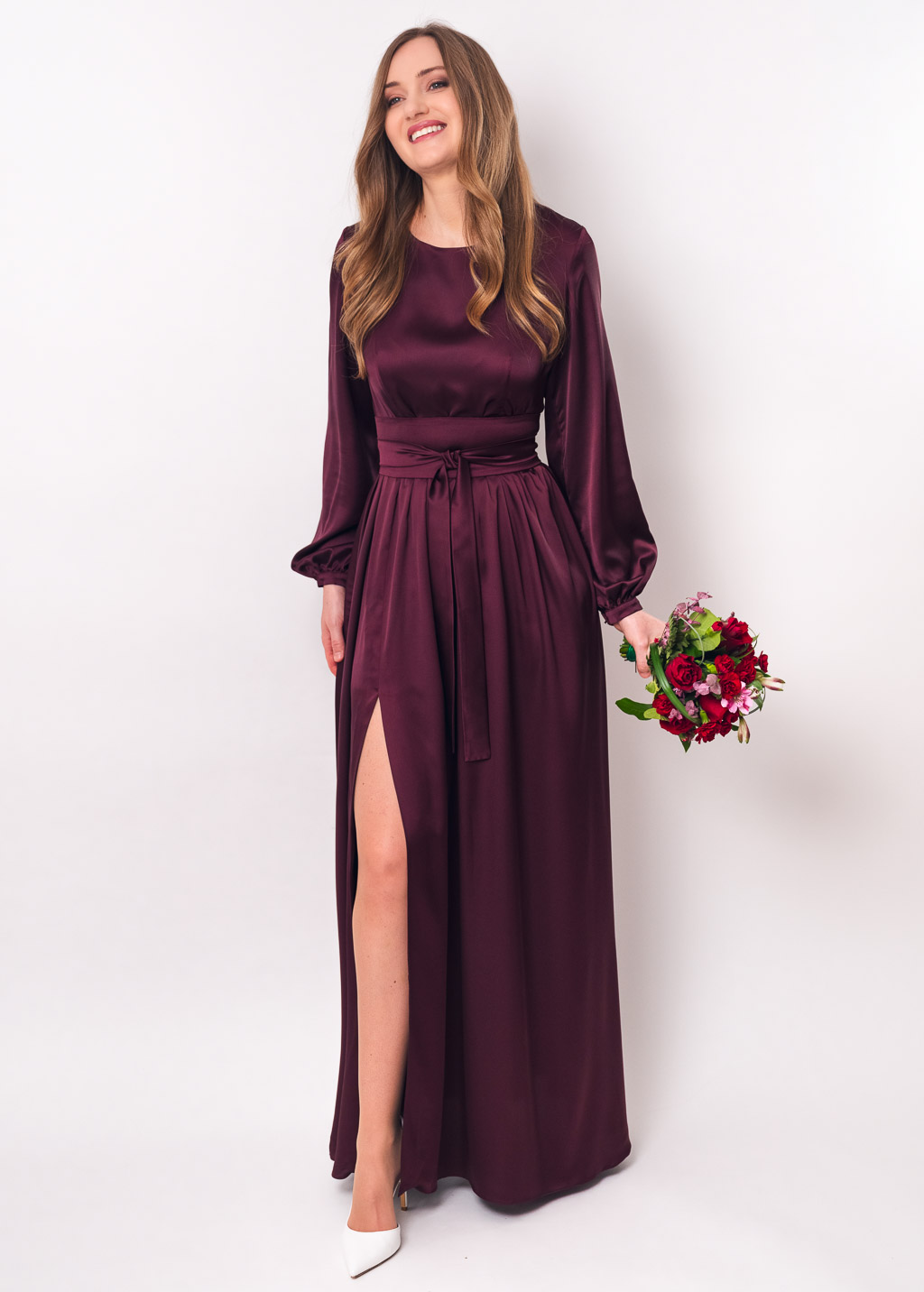 Dark burgundy long silk dress with belt