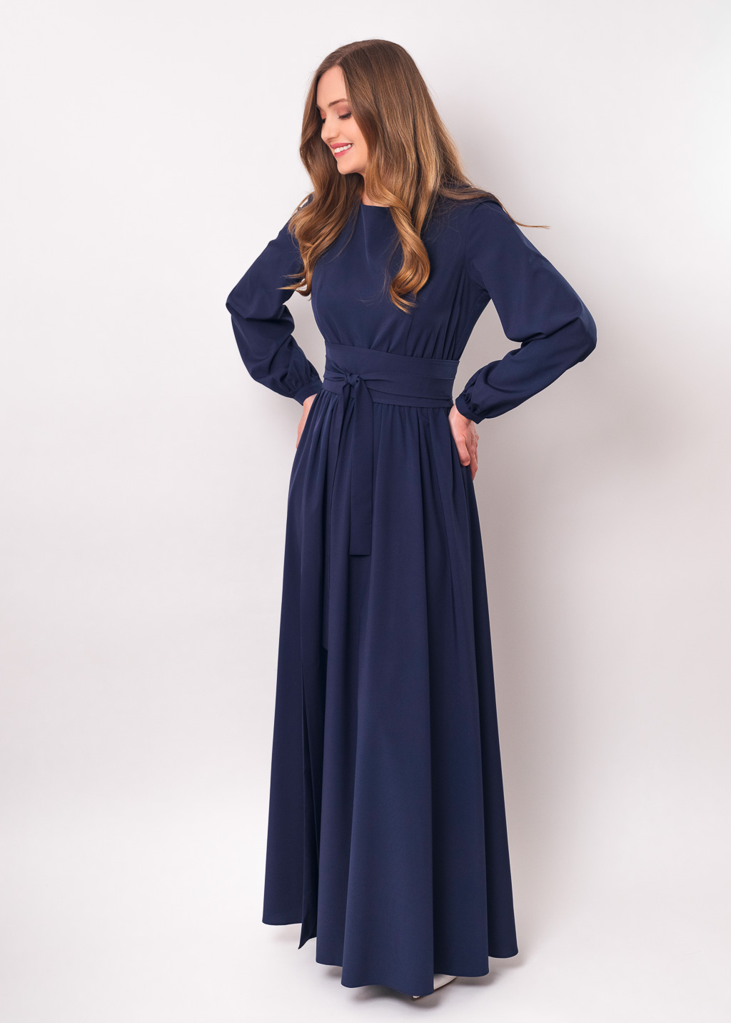 Navy blue slit dress with belt