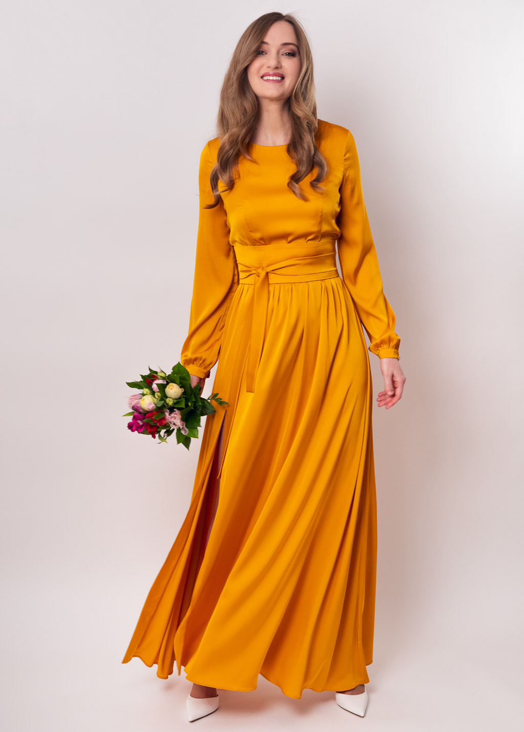 Gold long silk dress with belt