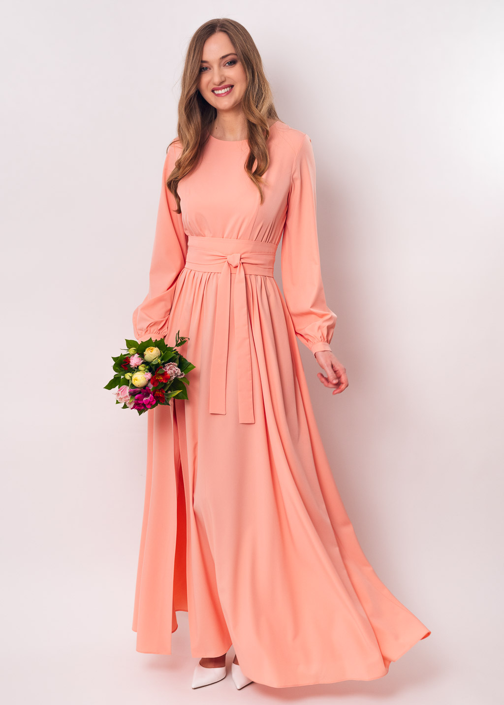 Blush pink long dress with belt