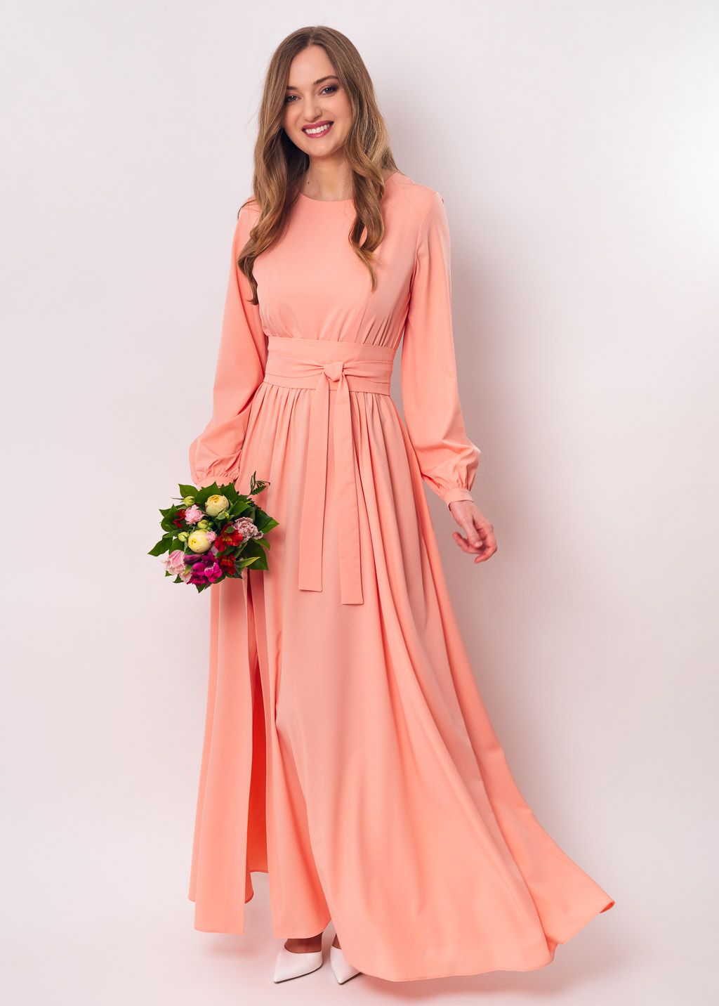 Blush pink slit dress with belt