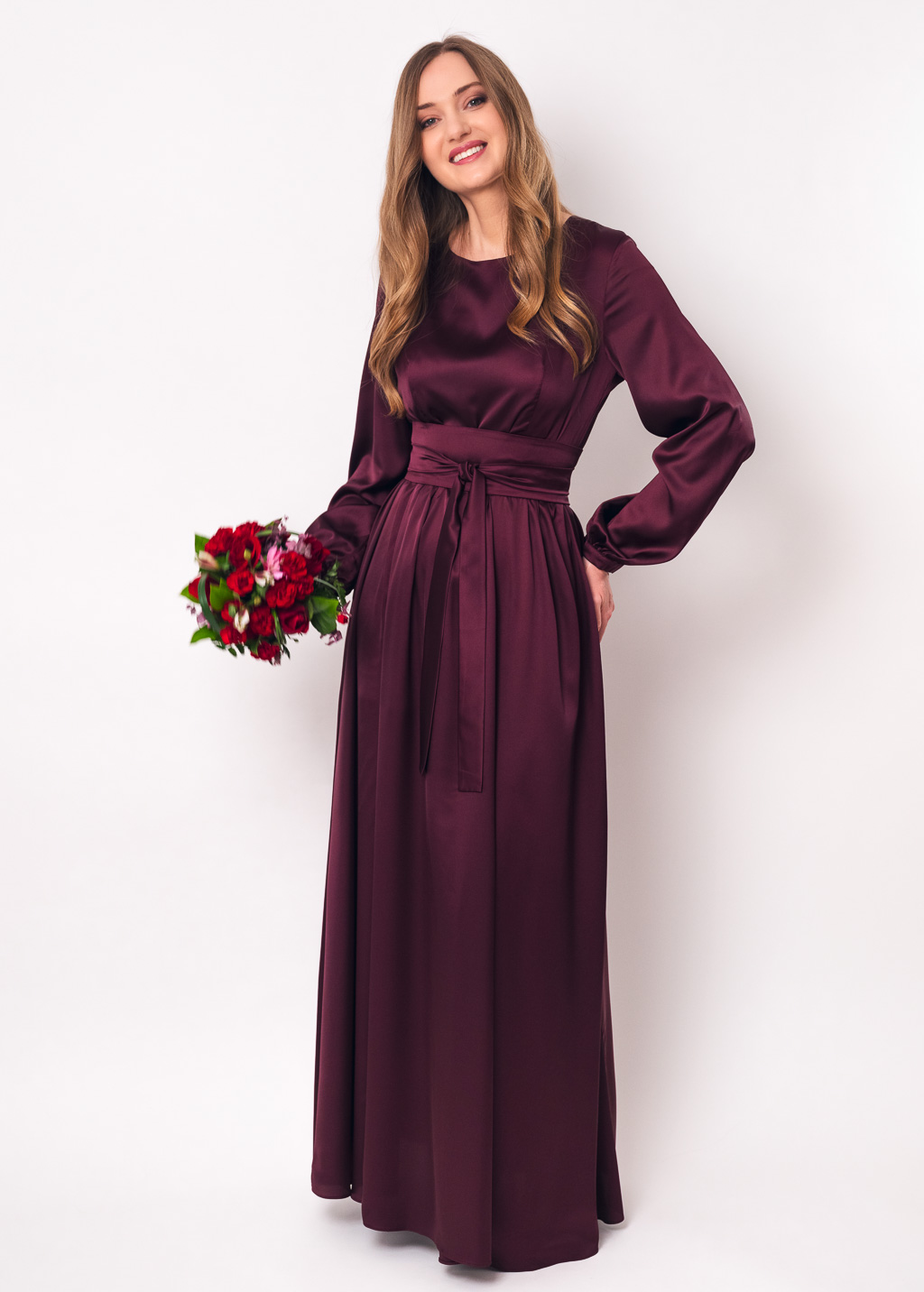 Dark burgundy long silk dress with belt