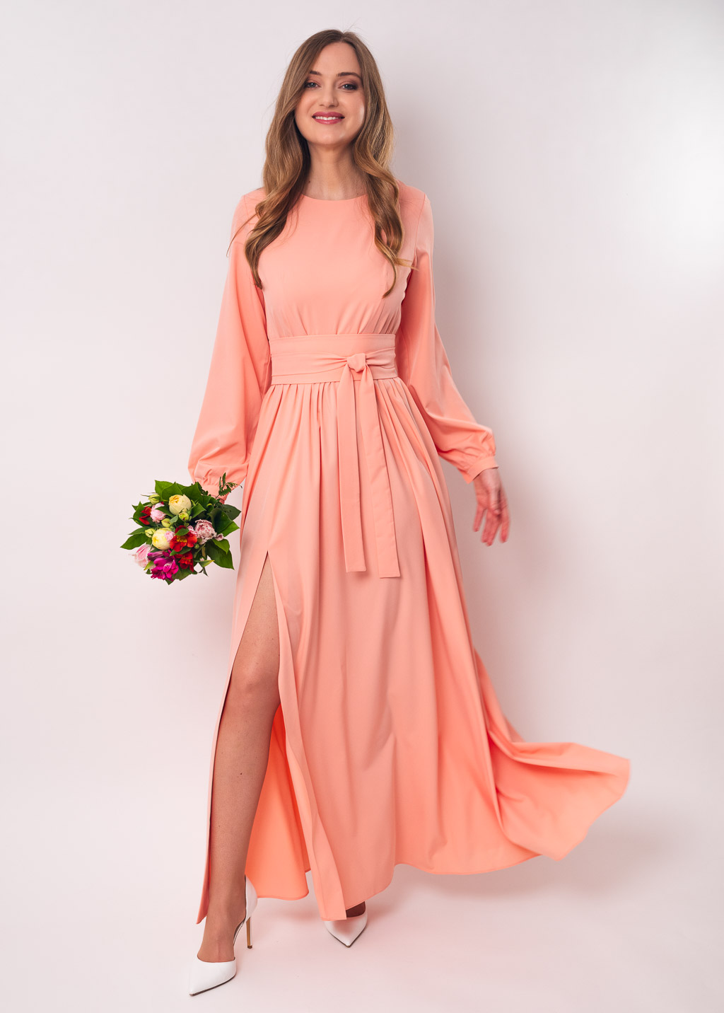 Blush pink long dress with belt