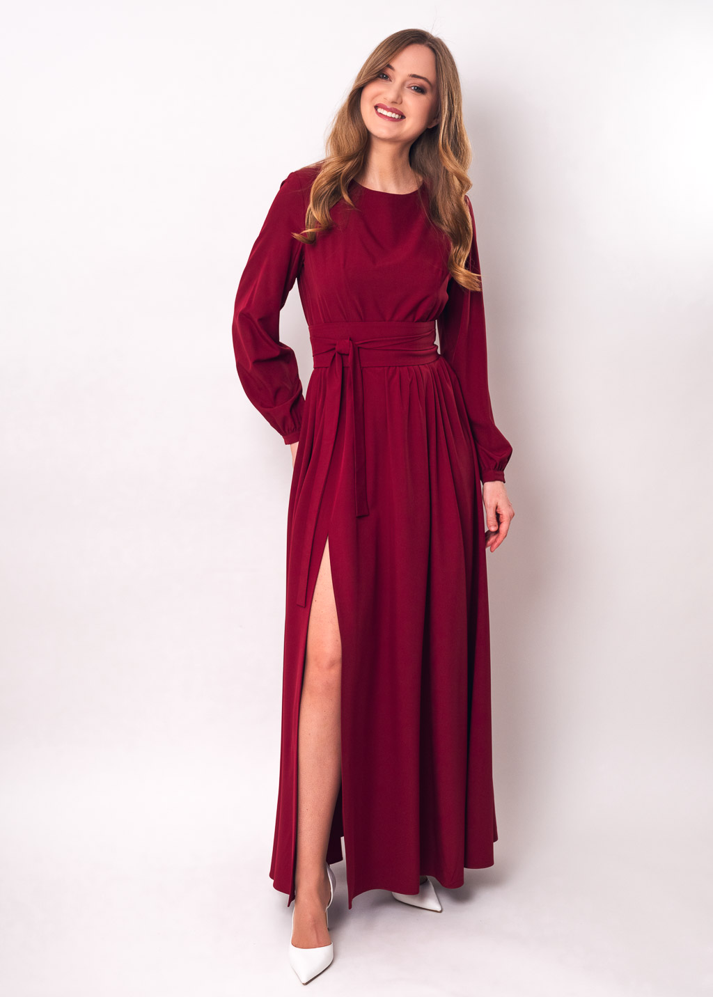 Burgundy slit dress with belt