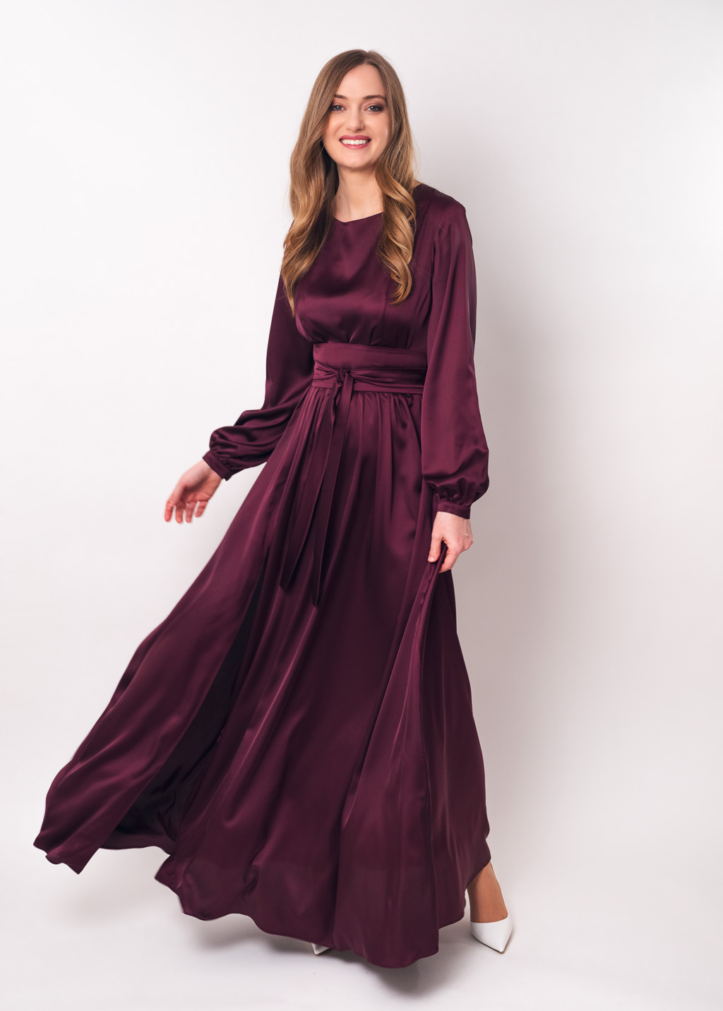 Dark burgundy slit silk dress with belt